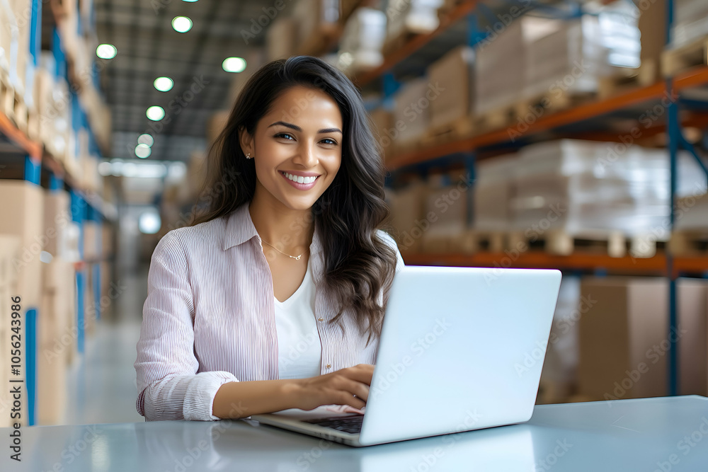 Smiling Woman Using Laptop in Warehouse, E-commerce and Inventory Management Concept Smiling Woman Using Laptop in Warehouse, E-commerce and Inventory Management Concept