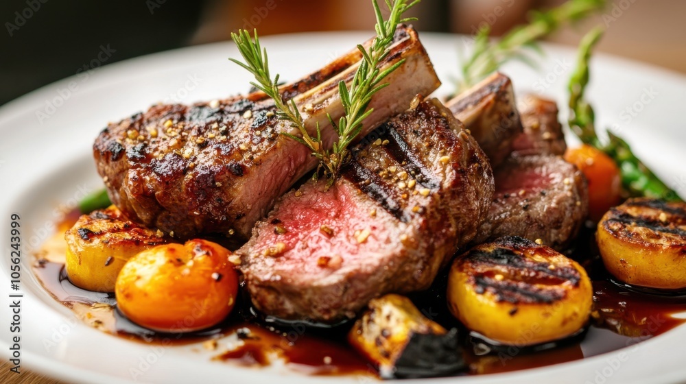 Lamb steak with a golden-brown crust, plated with grilled vegetables Lamb steak with a golden-brown crust, plated with grilled vegetables