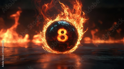 A 3D-rendered image of a magic eight ball engulfed in vibrant flames, symbolizing the fiery intensity and excitement of making predictions.