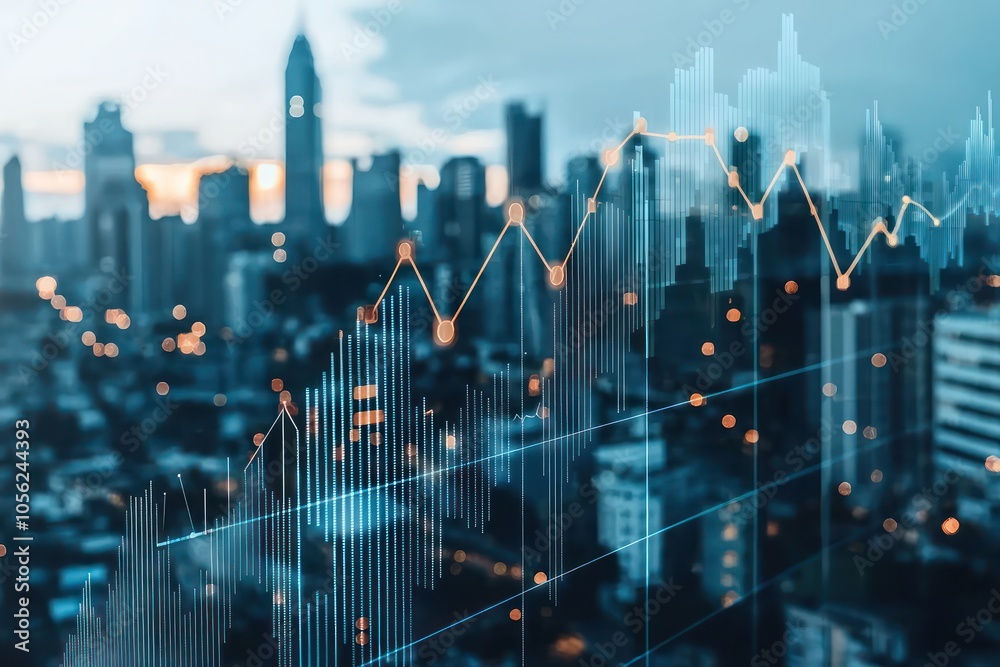 A cityscape grows alongside rising financial graphs, perfect for illustrating real estate investment and economic growth A cityscape grows alongside rising financial graphs, perfect for illustrating real estate investment and economic growth