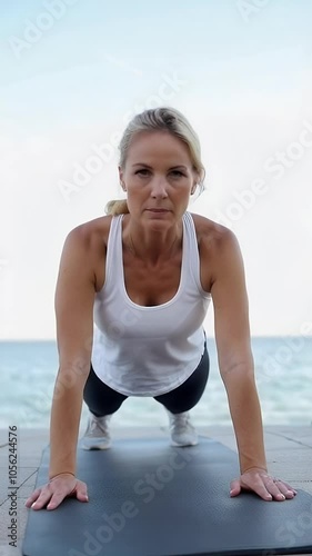 Woman practicing push-ups by the beach at sunrise for a healthy lifestyle workout