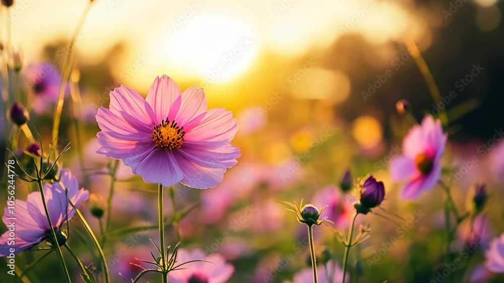 Pink cosmos flowers bloom in a field at sunset Pink cosmos flowers bloom in a field at sunset