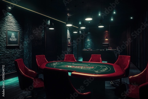 A dark, modern, and secretive poker game room interior rendered in 3D, featuring red chairs and a table, ideal for high-stakes games.
