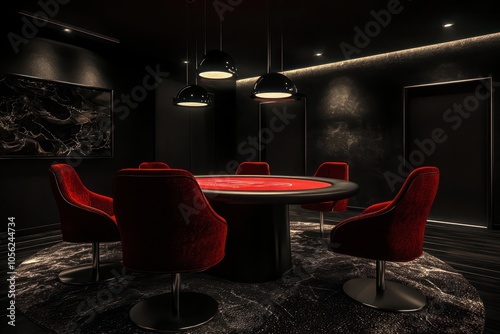 A dark, modern, and secretive poker game room interior rendered in 3D, featuring red chairs and a table, ideal for high-stakes games.