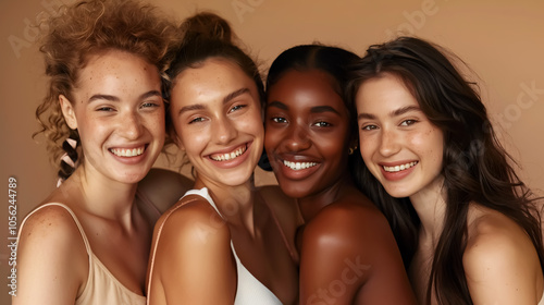 Diversity, beauty, and natural with women friends in the studio on a beige background to promote skincare. Portrait, face, and smile with a happy female and friend group indoors for luxury cosmetics