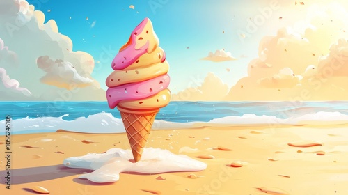 A melting ice cream cone sits on a sandy beach with waves in the background, capturing the warmth and beauty of a sunny, coastal day at the shore. photo