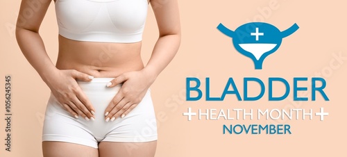 Young woman in underwear suffering from cystitis on beige background, closeup. Banner for Bladder Health Awareness Month photo