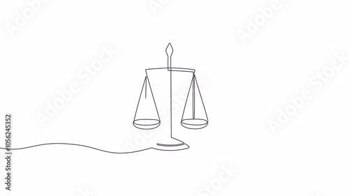 Video. Continuous drawing of a single editable line of scales with bowls. Symbol of balance, legal law. Animation on white background. 4K.