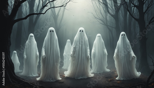 Mysterious ghostly figures shrouded in white cloth standing in a foggy forest