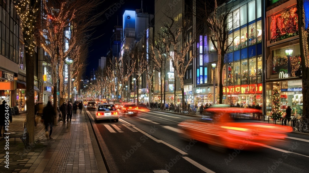 Fototapeta premium Bustling city street filled with cars and pedestrians in daytime.
