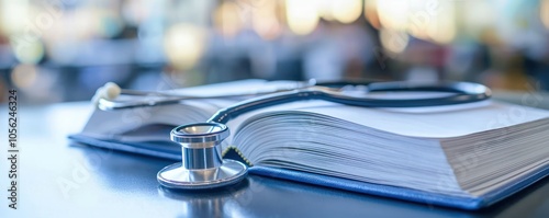 A medical book and stethoscope on a desk, depicting healthcare education and professional medical studies.