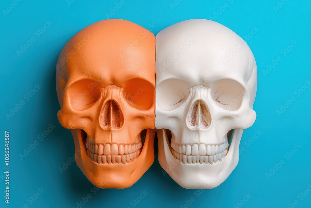 Two skulls, one orange and one white, are placed side by side against a blue background, AI Two skulls, one orange and one white, are placed side by side against a blue background, AI