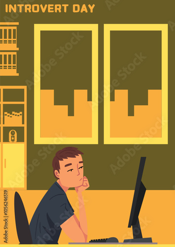 A man sits in front of a computer with a contemplative expression, surrounded by a serene atmosphere, this captures the essence of a moment of reflection and comfort for introverts