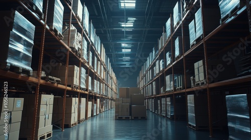 A warehouse aisle with stacked cardboard boxes on shelves, with a pallet of boxes in the center of the aisle.