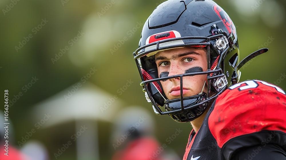 A focused football player wearing a helmet and pads, showing determination and intensity during practice or a game. A focused football player wearing a helmet and pads, showing determination and intensity during practice or a game.