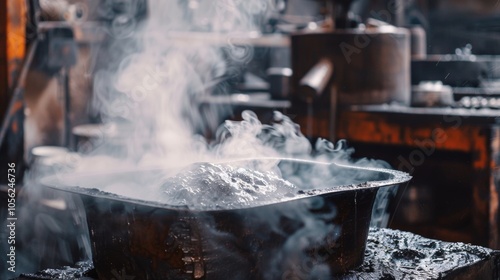 Detailed shot of a blacksmiths quenching tub with steam rising as a hot piece of metal is submerged to cool and harden.