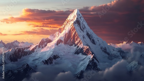 A towering snow-capped mountain peak is showcased at golden hour, with surrounding fluffy clouds adding drama, evoking awe, majesty, and exploration spirit. photo