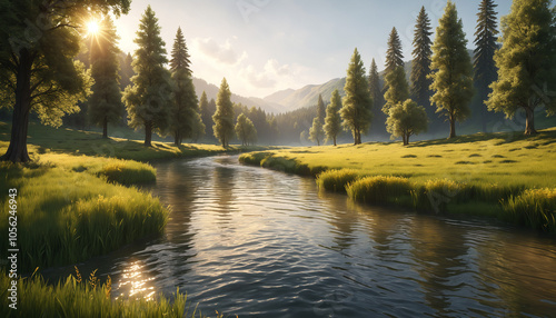 Sunlit forest with tall trees and a winding stream