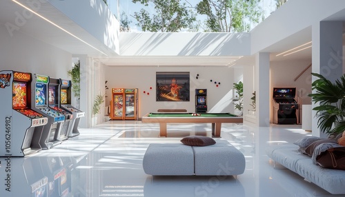 A modern game room designed in clean white with a pool table, arcade machines, and a lounge area, illuminated by playful neon lights and natural daylight.