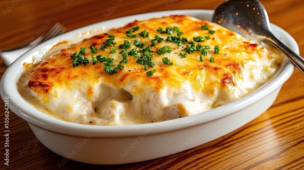 A close-up view of creamy chicken and potato soup features melted cheese and fresh herbs, inviting a delightful culinary experience A close-up view of creamy chicken and potato soup features melted cheese and fresh herbs, inviting a delightful culinary experience