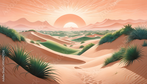 Sunset over a desert landscape with sand dunes