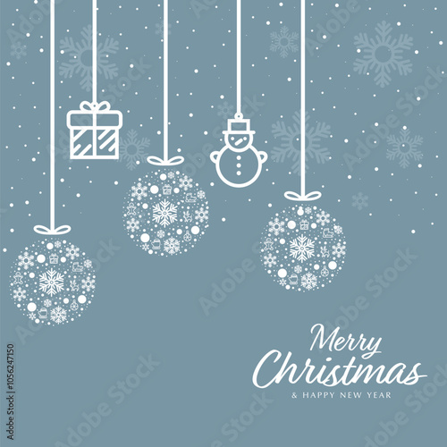 Minimalist christmas card design with snowflakes and ornaments on a blue background. 