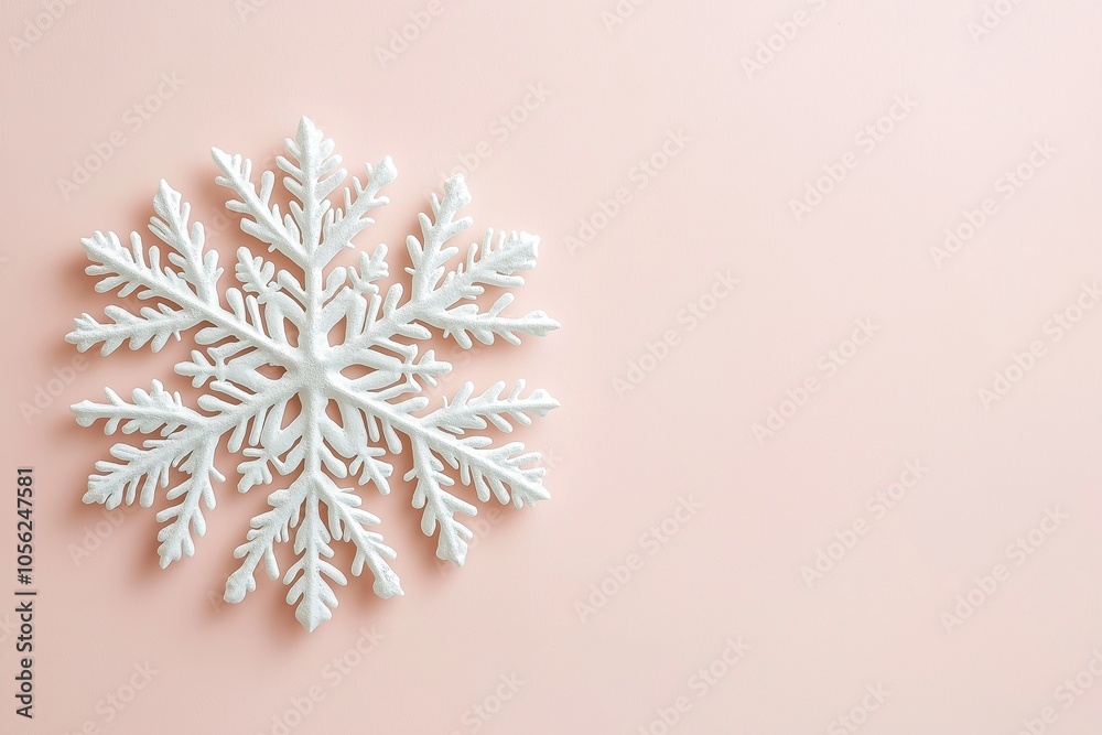 A minimalist close-up of a single snowflake resting on a soft pink background highlighting its intricate details and unique shape A minimalist close-up of a single snowflake resting on a soft pink background highlighting its intricate details and unique shape