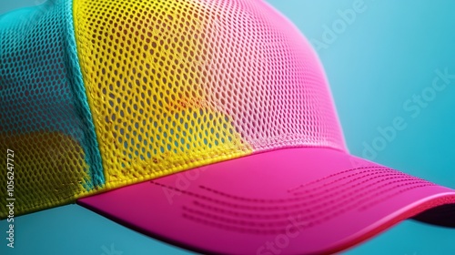 A vibrant, colorful cap with a mesh design, featuring pink, yellow, and blue hues, set against a soft blue background. photo