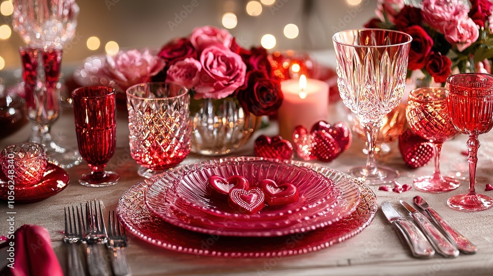 A beautifully arranged dining table featuring red plates, glasses, roses, and candles, perfect for a romantic setting or special occasion. A beautifully arranged dining table featuring red plates, glasses, roses, and candles, perfect for a romantic setting or special occasion.