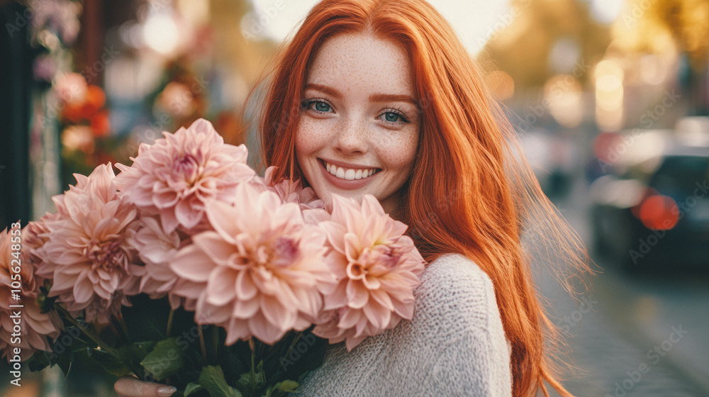 Young cheerful smiling red hair woman holding big bunch of autumn pink dahlia flowers looking at camera standing on stree Young cheerful smiling red hair woman holding big bunch of autumn pink dahlia flowers looking at camera standing on stree