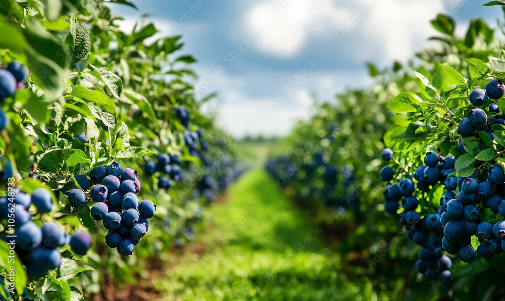A large organic farm features rows of cultivated, lush blueberry bushes producing sweet fruit under a sunny sky, with green grass between the drills