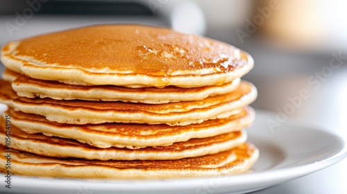 Fluffy stack of golden pancakes drizzled with syrup on a white plate, AI