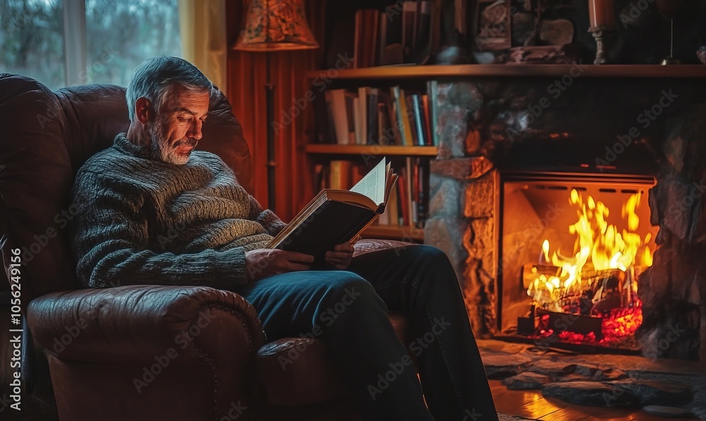A man is sitting in a chair reading a book by a fireplace A man is sitting in a chair reading a book by a fireplace