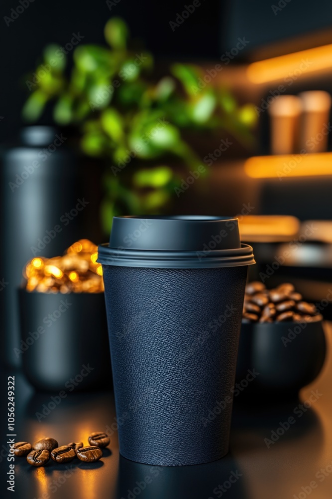 Elegant black coffee cup sleeve mockup with chic interior design elements Elegant black coffee cup sleeve mockup with chic interior design elements