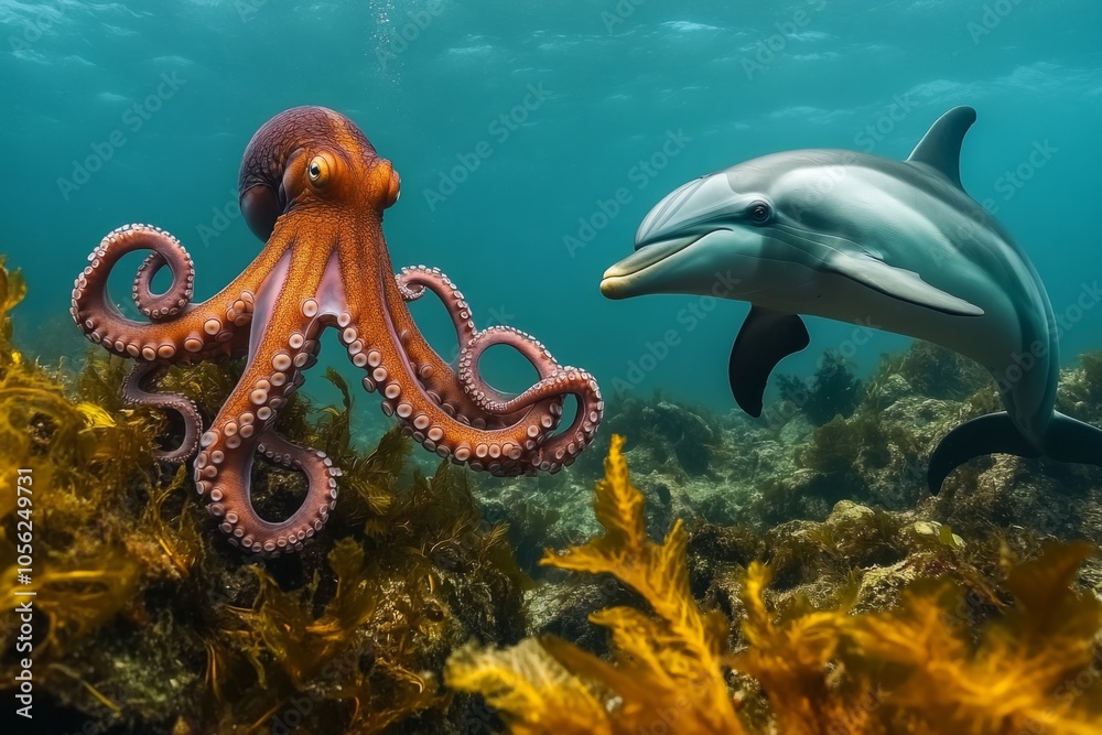 A vibrant underwater scene featuring an octopus and a dolphin. The octopus stands out with its lively colors. Explore aquatic life in this stunning marine image. Generative AI A vibrant underwater scene featuring an octopus and a dolphin. The octopus stands out with its lively colors. Explore aquatic life in this stunning marine image. Generative AI