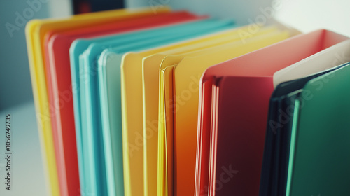 Wallpaper Mural 
A row of neatly arranged file folders in different colors, with labeled tabs visible, adding a pop of color to a clean, white desktop. Torontodigital.ca