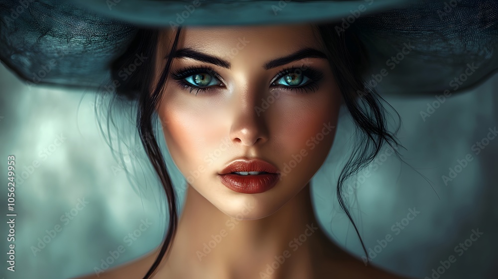 A portrait of a woman with an elegant hat and intense gaze A portrait of a woman with an elegant hat and intense gaze