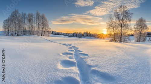 Snowy landscape with footprints in white snow, surrounded by trees, showcasing winter's serene beauty.