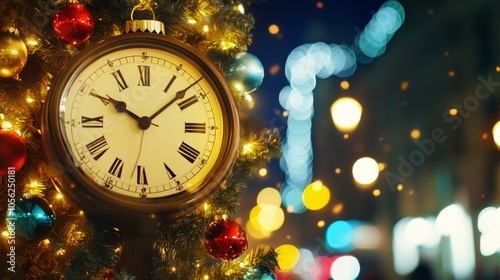 Clock hanging on Christmas tree adorned with lights, creating festive holiday ambiance in cozy setting.