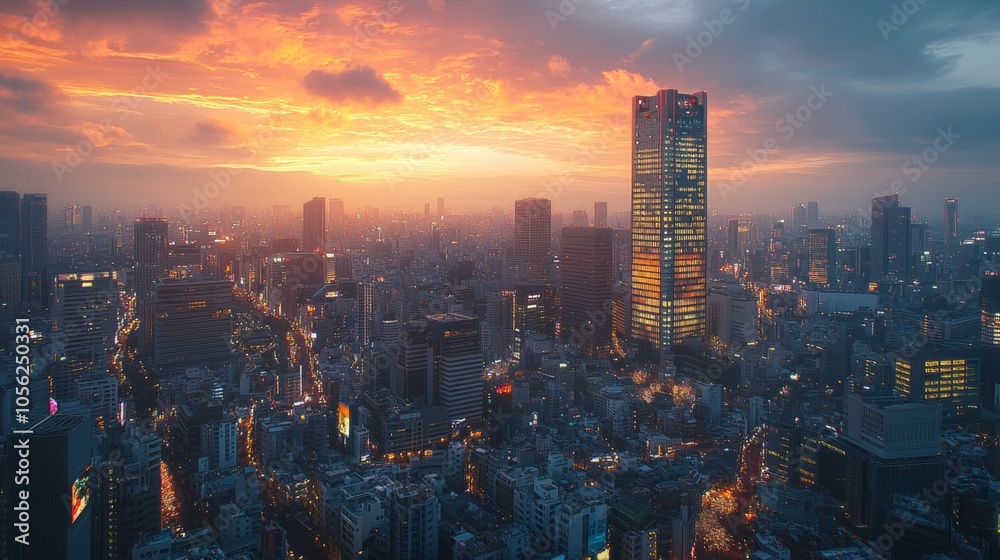 Fototapeta premium Illuminated cityscape at night with glowing skyscrapers under starry sky.