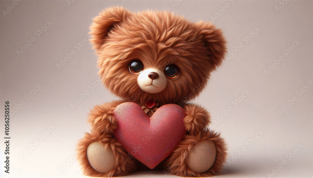 Fluffy, brown teddy bear with a heart-shaped pillow in its arms, looking up with big, round eyes Fluffy, brown teddy bear with a heart-shaped pillow in its arms, looking up with big, round eyes