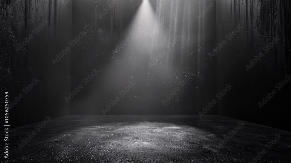 Empty black background and spotlight in center with studio for showing or design. Dark backdrop made from cement material. Realistic 3D render Empty black background and spotlight in center with studio for showing or design. Dark backdrop made from cement material. Realistic 3D render