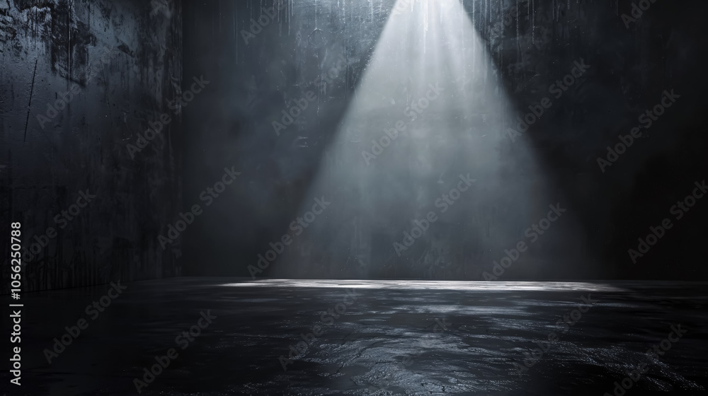 Empty black background and spotlight in center with studio for showing or design. Dark backdrop made from cement material. Realistic 3D render Empty black background and spotlight in center with studio for showing or design. Dark backdrop made from cement material. Realistic 3D render