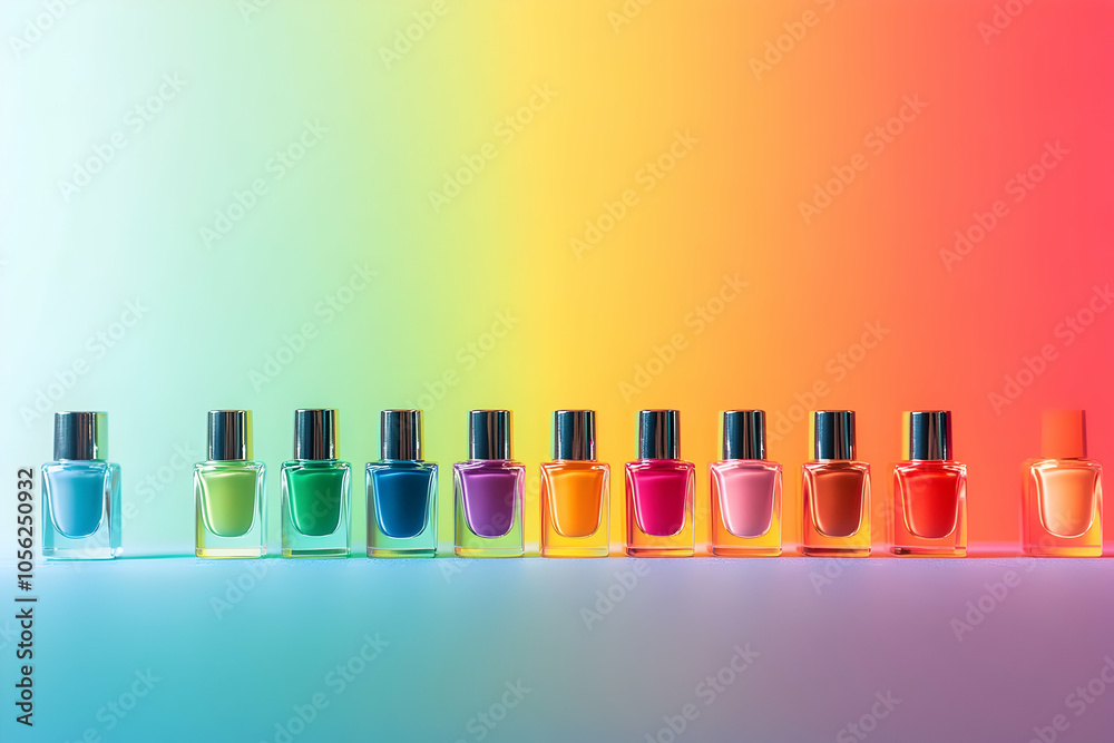 Colorful nail polish bottles arranged in a gradient on a bright backdrop