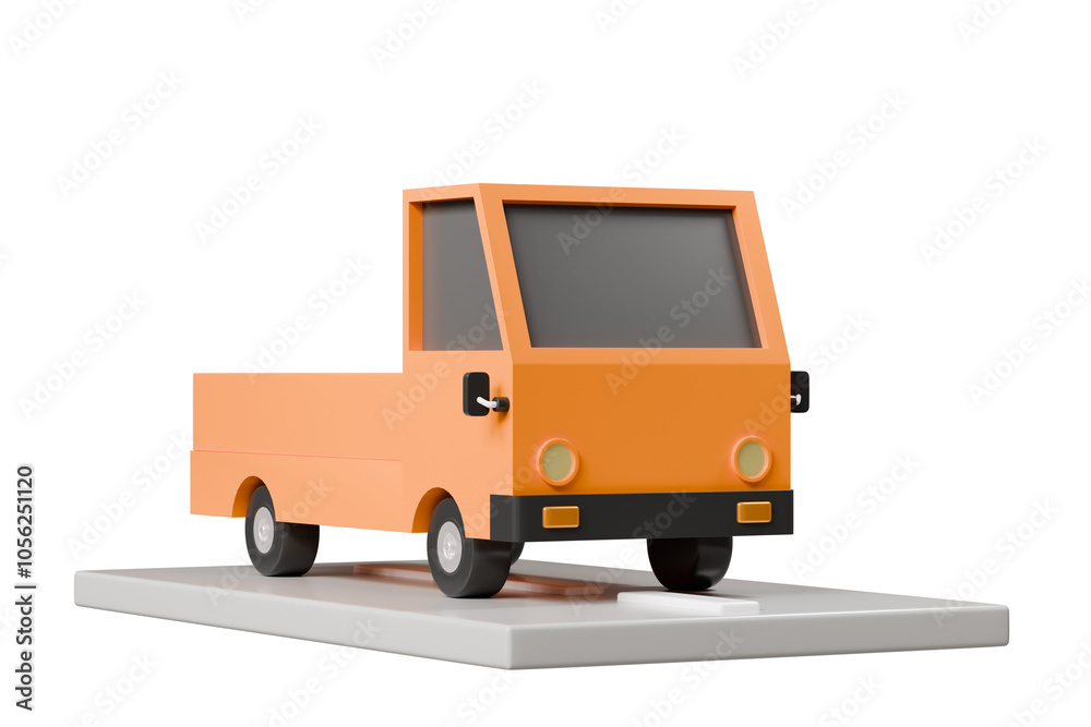 3D Truck delivery back rack contain parcel box and roadway icon. Minimal Cartoon Logistic Truck shipping delivery service isolated on orange background. Online shopping, E-commerce concept. 3d render 3D Truck delivery back rack contain parcel box and roadway icon. Minimal Cartoon Logistic Truck shipping delivery service isolated on orange background. Online shopping, E-commerce concept. 3d render