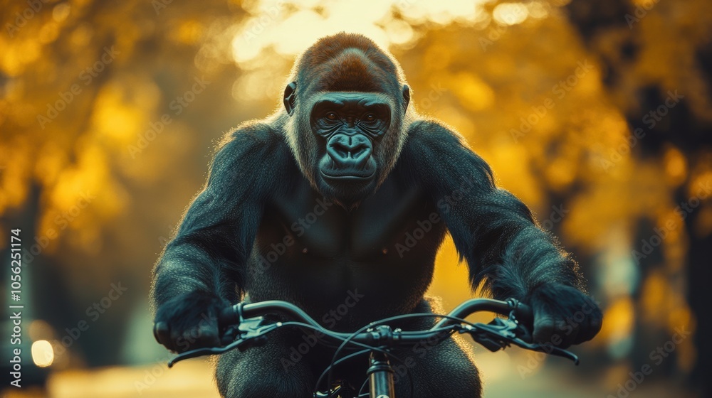 Gorilla riding a bicycle on a road, intense focus in autumn scenery, funny animal on bike, unusual wildlife moment, jungle creature, outdoor adventure, forest background, unique Gorilla riding a bicycle on a road, intense focus in autumn scenery, funny animal on bike, unusual wildlife moment, jungle creature, outdoor adventure, forest background, unique
