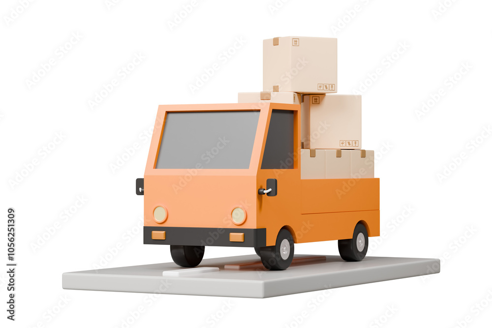 3D Truck delivery back rack contain parcel box and roadway icon. Minimal Cartoon Logistic Truck shipping delivery service isolated on orange background. Online shopping, E-commerce concept. 3d render 3D Truck delivery back rack contain parcel box and roadway icon. Minimal Cartoon Logistic Truck shipping delivery service isolated on orange background. Online shopping, E-commerce concept. 3d render