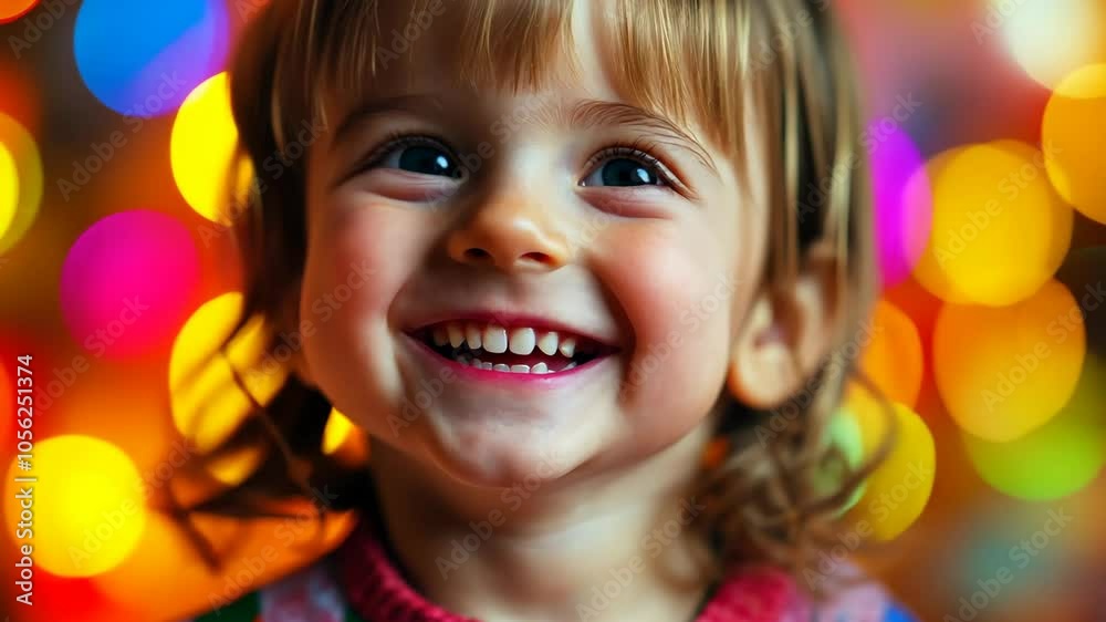A young girl smiles brightly in front of a colorful background of blurred lights A young girl smiles brightly in front of a colorful background of blurred lights