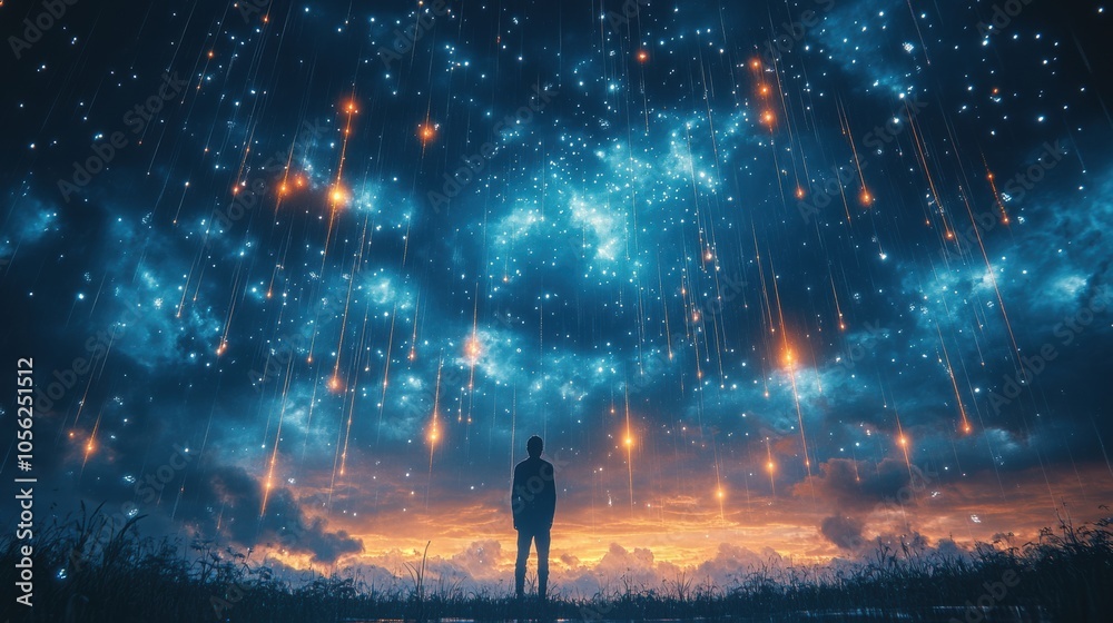Silhouette of man standing under bright starry sky with streaks of light, night sky, glowing lights, surreal scene, stargazing, cosmic wonder, futuristic landscape, awe-inspiring moment, digital art Silhouette of man standing under bright starry sky with streaks of light, night sky, glowing lights, surreal scene, stargazing, cosmic wonder, futuristic landscape, awe-inspiring moment, digital art