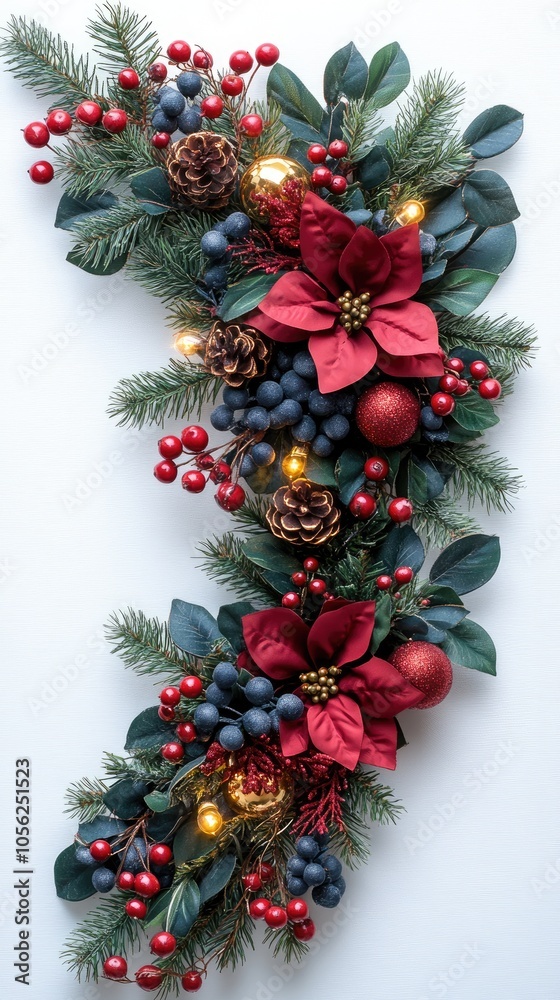 Christmas tree corner border with green fir branches, red bow, berries and gold lights isolated on white background. Pine, xmas evergreen plants frame. garland decoration, holiday card with copy space